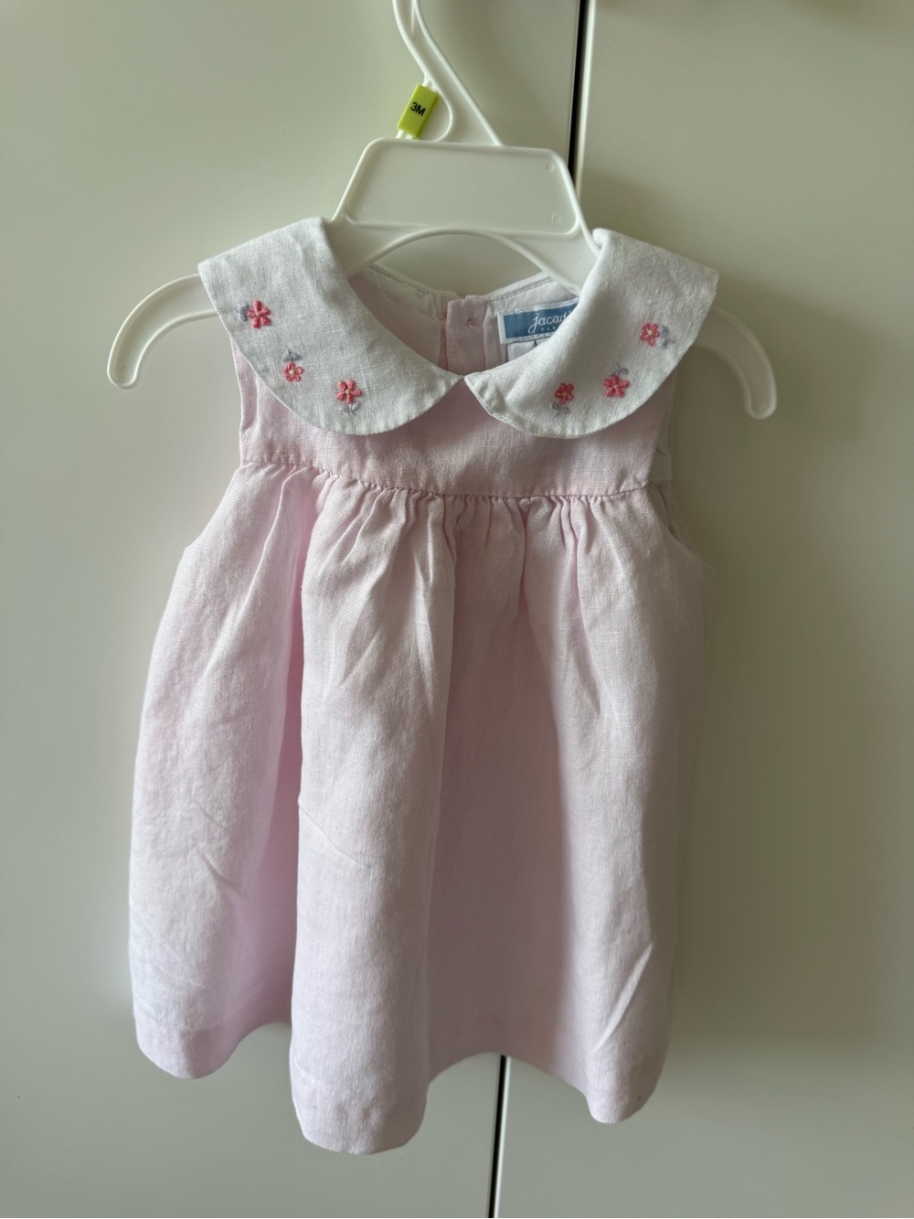Jacadi Light Pink Sleeveless Dress with Embroidered White Peter Pan Collar